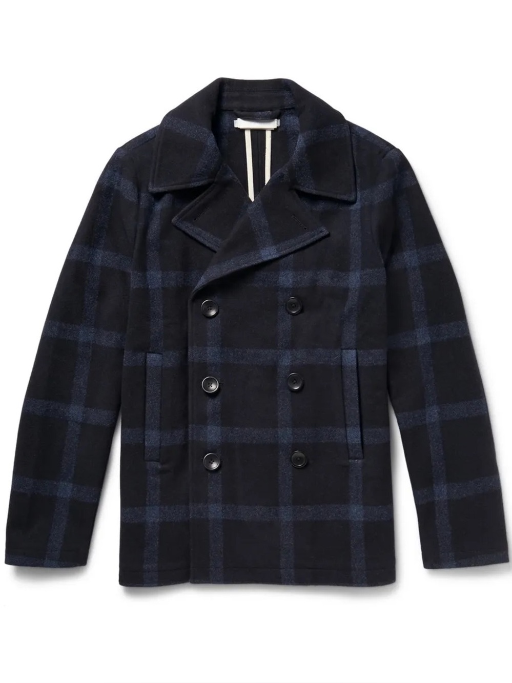 Outerknown Plaid Peacoat Jacket Small Navy Windowpane Check Wool Blend Coat